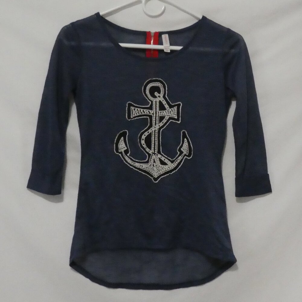 XHILARATION | xs - extra small | Navy Blue 3/4 Sleeve Top with Anchor Design